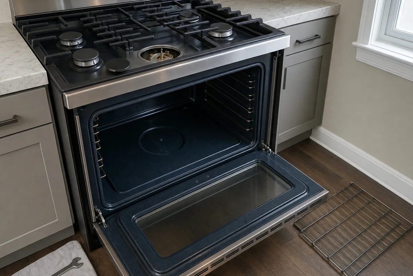 Gas range in a marble-topped kitchen, oven door open and the burner head exposed where a cap was lifted