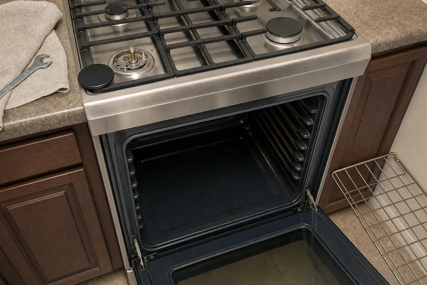 Close view across a gas cooktop with one burner cap removed and the brass orifice and igniter exposed