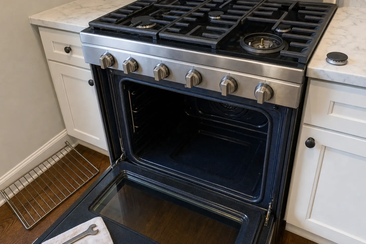 Six-burner stainless gas range with cast-iron grates, oven door open and one burner cap lifted off