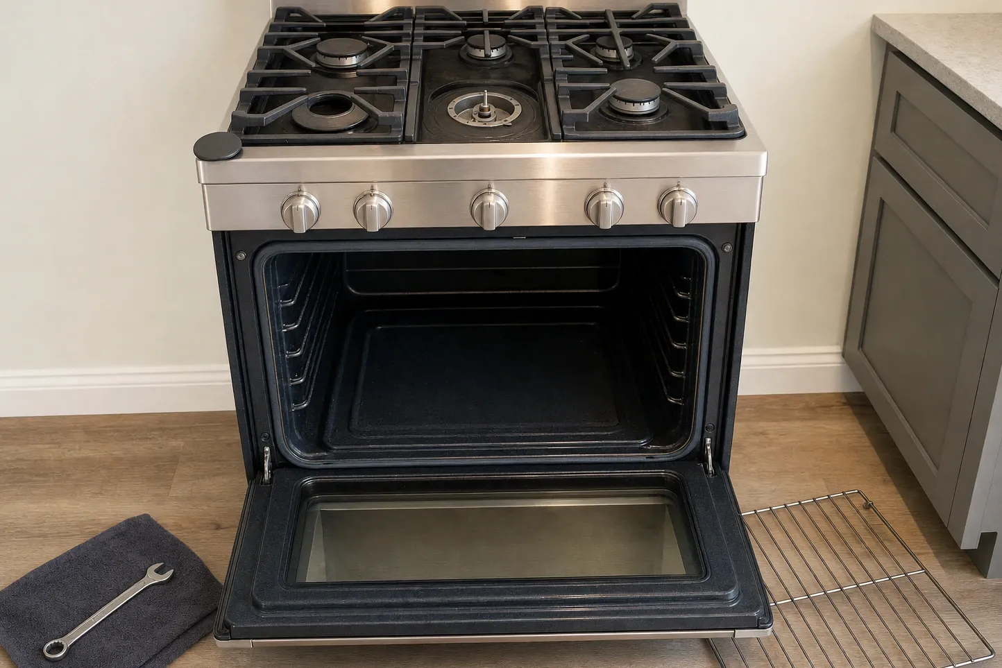 Stainless gas range seen head-on with the oven door fully open and one burner cap set aside on the cooktop