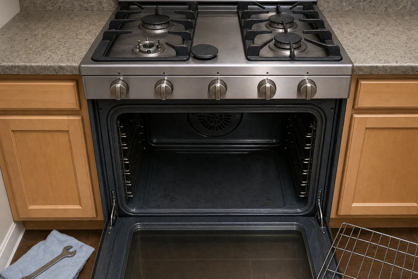 Gas range set into a granite counter, oven open with the convection fan cover visible and one burner ring uncapped