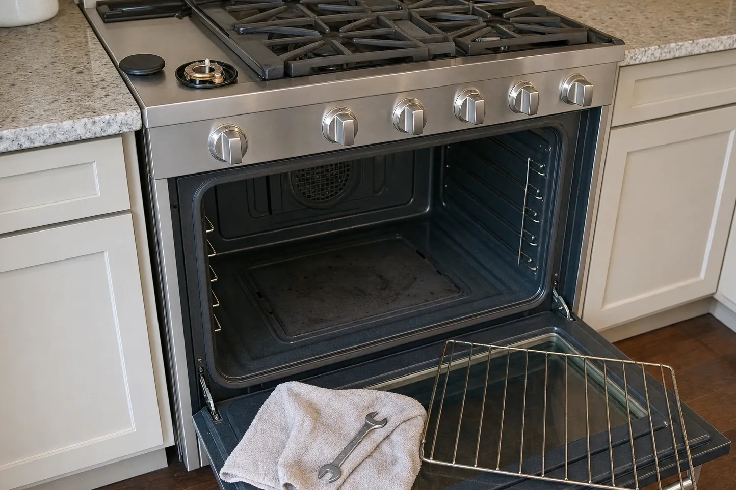 Open oven cavity with the round convection fan cover on the rear wall and a baking sheet on the bottom