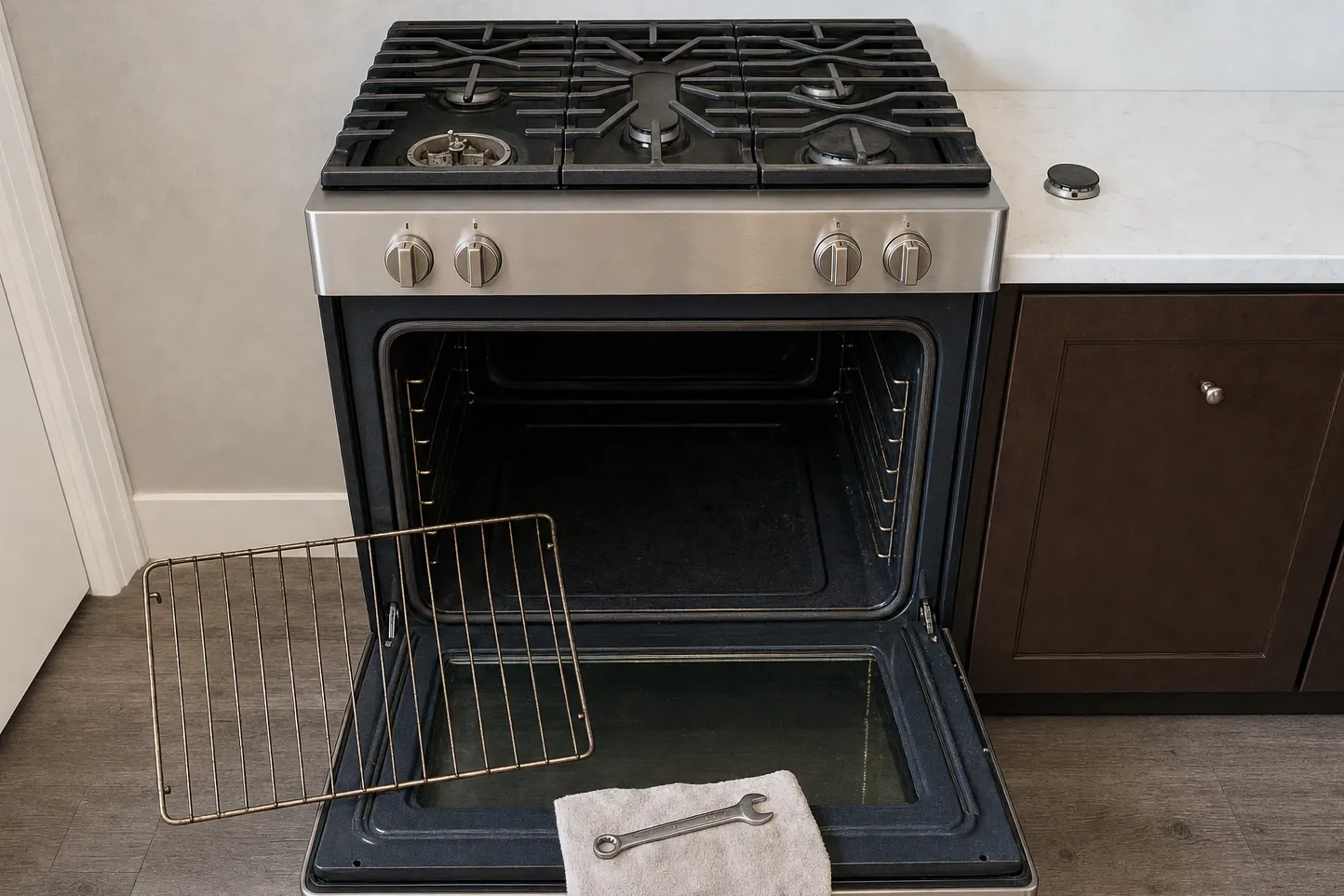 Gas range with the oven door down, a chrome rack propped against it and one cooktop burner uncapped