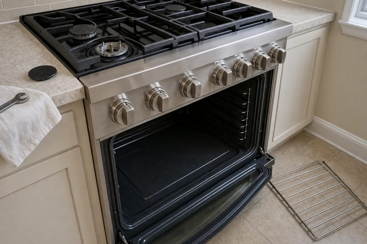Stainless gas range with the oven door part open showing the upper rack rails and one burner cap on the counter