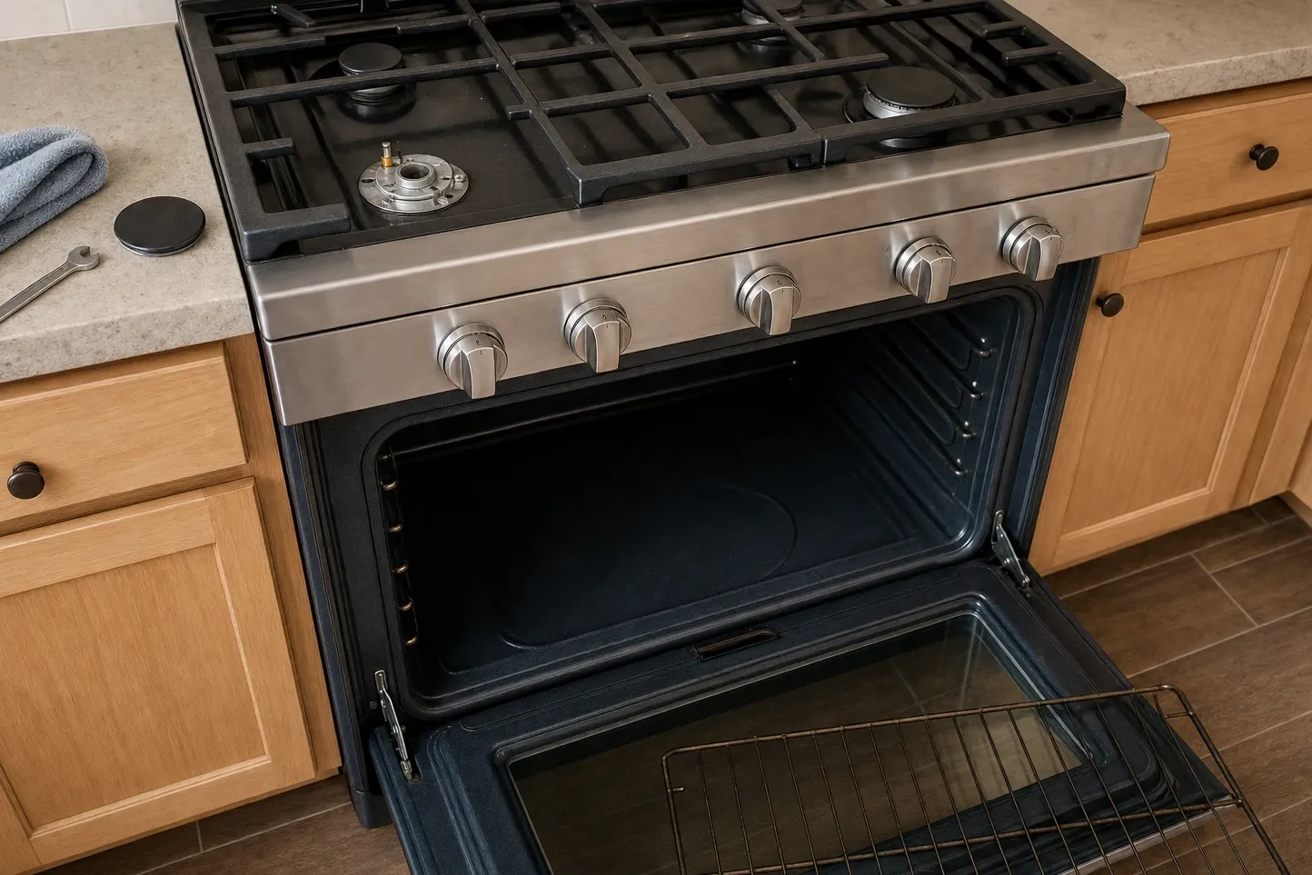 Gas cooker from above with the front-left burner lifted out, its machined base, brass orifice and electrode bare in the recess, five stainless knobs along the fascia and a wrench on a blue-grey cloth at the counter edge