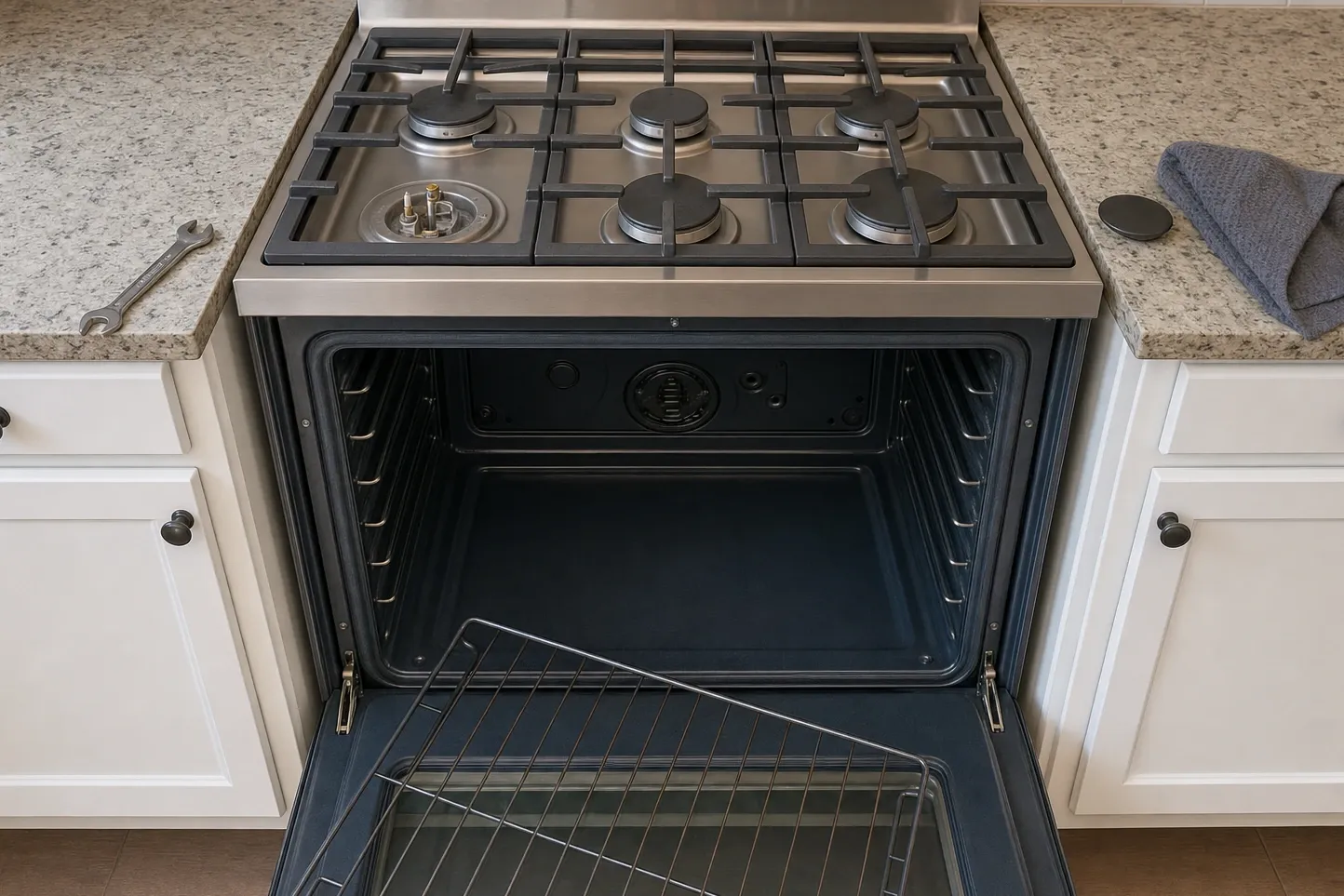 Empty burner recess in a stainless cooktop with the igniter electrode and orifice left standing alone, the burner cap set down on the counter beside a grey cloth