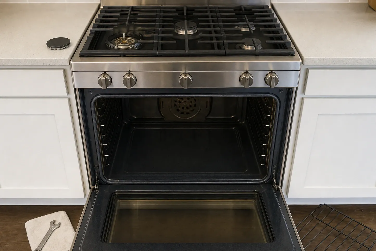 Stainless cooker between white shaker cabinets with one burner uncapped to show its orifice, the cap on the worktop at left and a towel and wrench on the floor