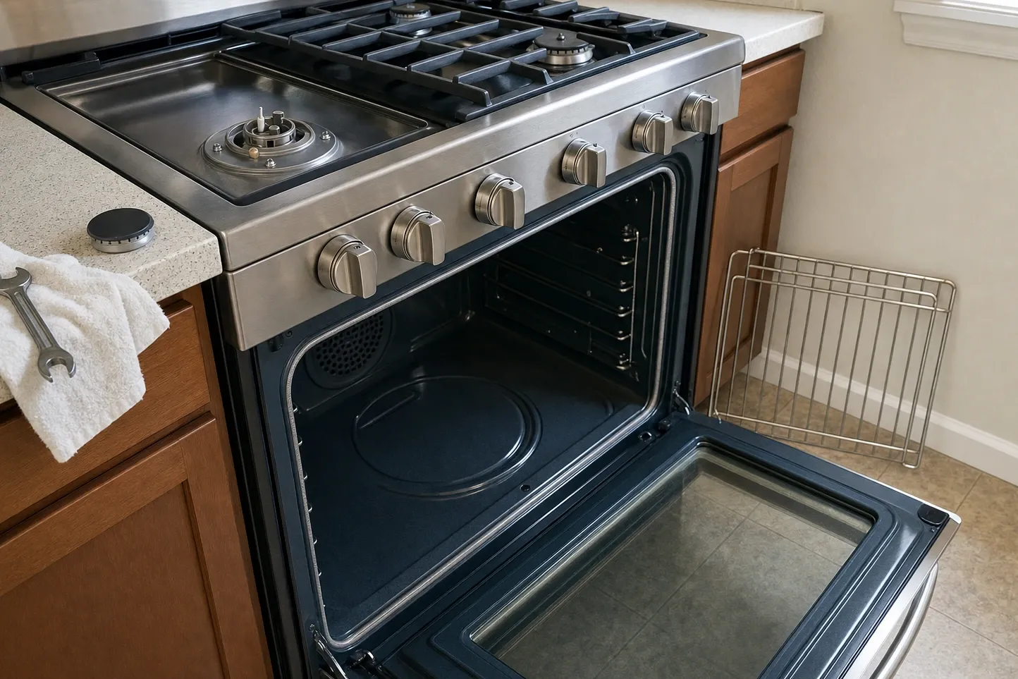 Flat stainless cooking plate set into the left of a cooktop with its burner opened beneath, cast grates over the burners to the right and control knobs across the front
