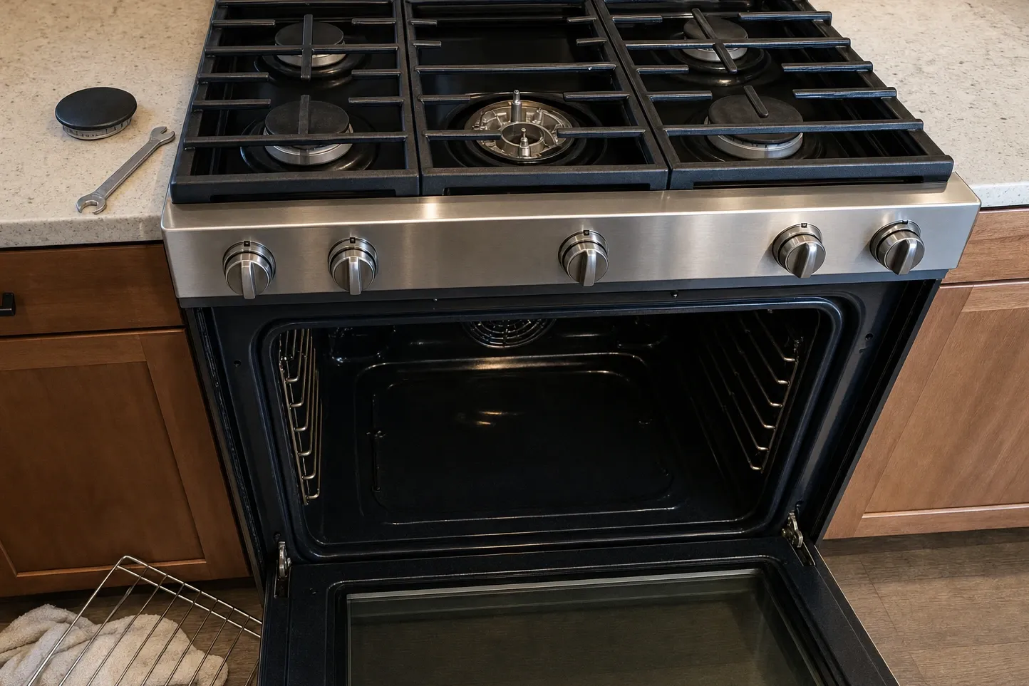 Finned gas burner head sitting uncapped between cast grates, its electrode upright, with the removed cap and an open-ended wrench on the counter behind