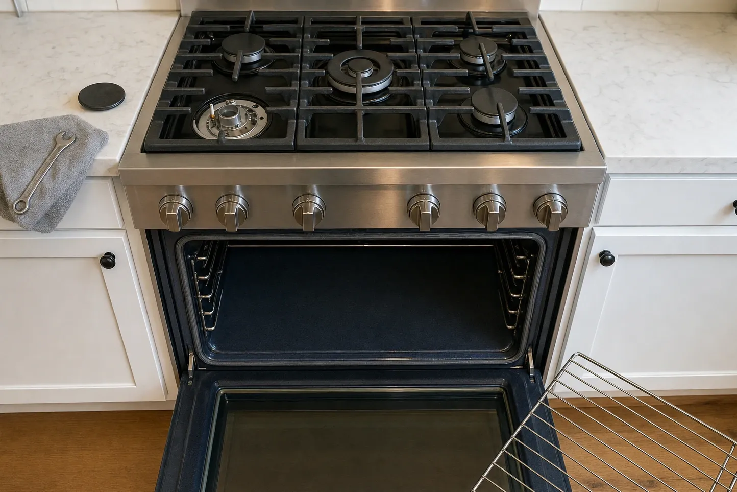 Sealed gas burner stripped to its machined base, two igniter electrodes and the brass orifice standing clear, with the cap and a combination wrench on the counter