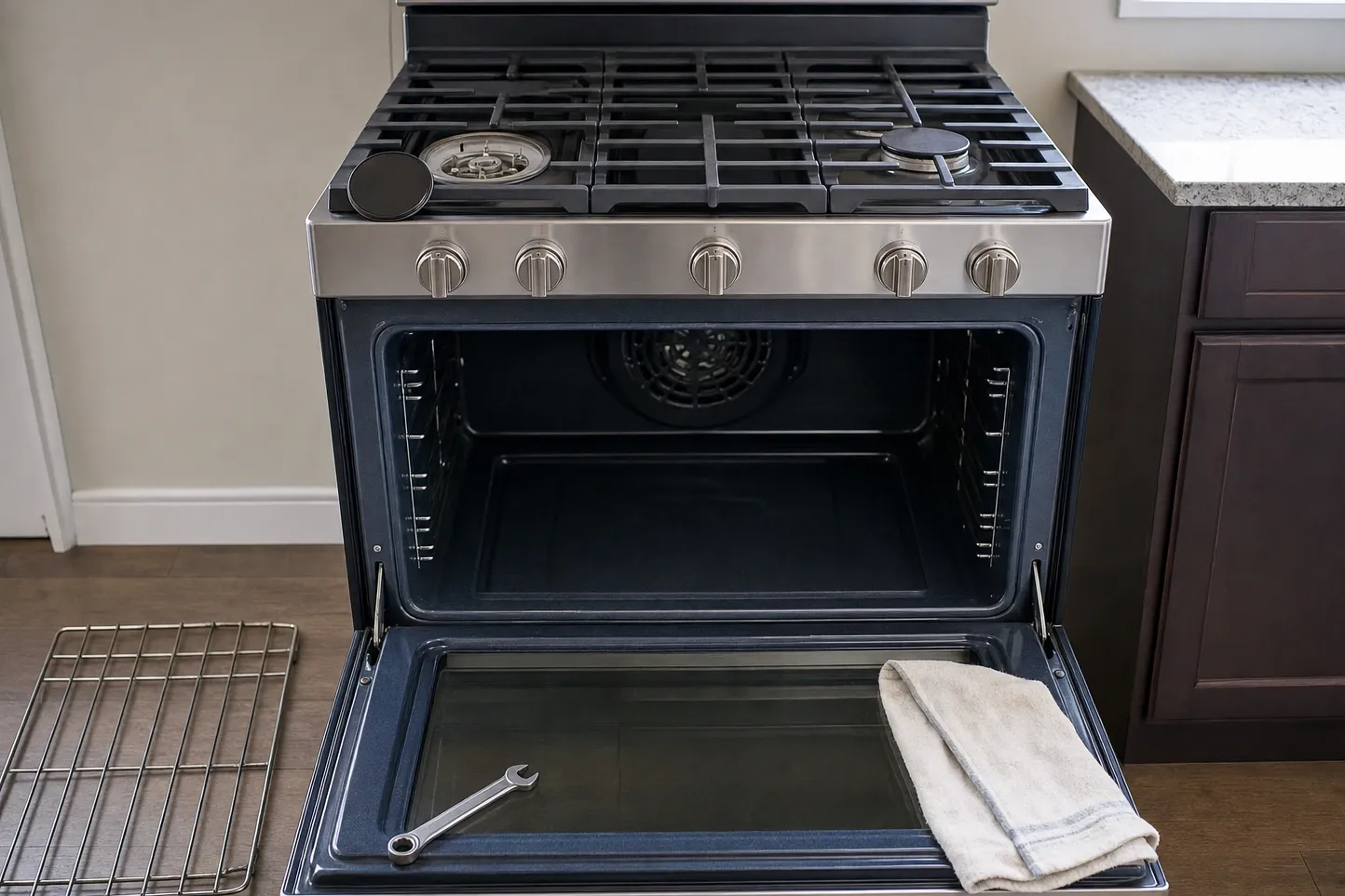 Compact stainless cooker with five knobs and a burner head removed at the front left, the round cap lying on the hob and the cavity open with a wrench on the door